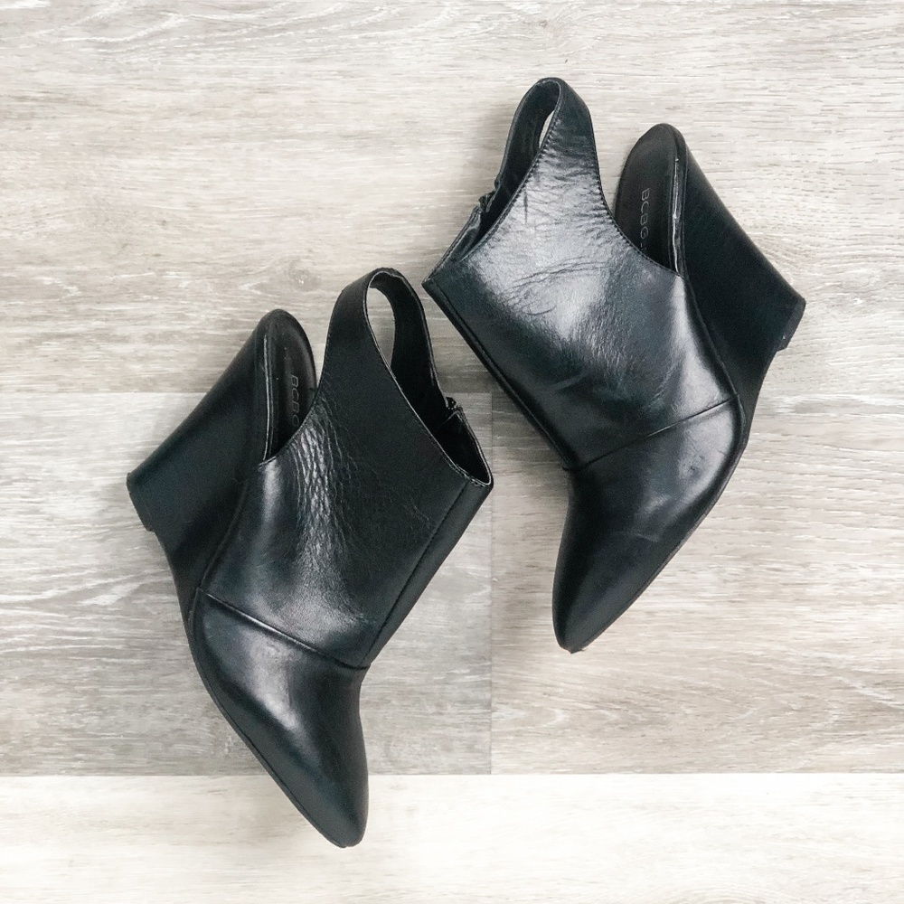 BCBGeneration black leather Edalynn wedge booties